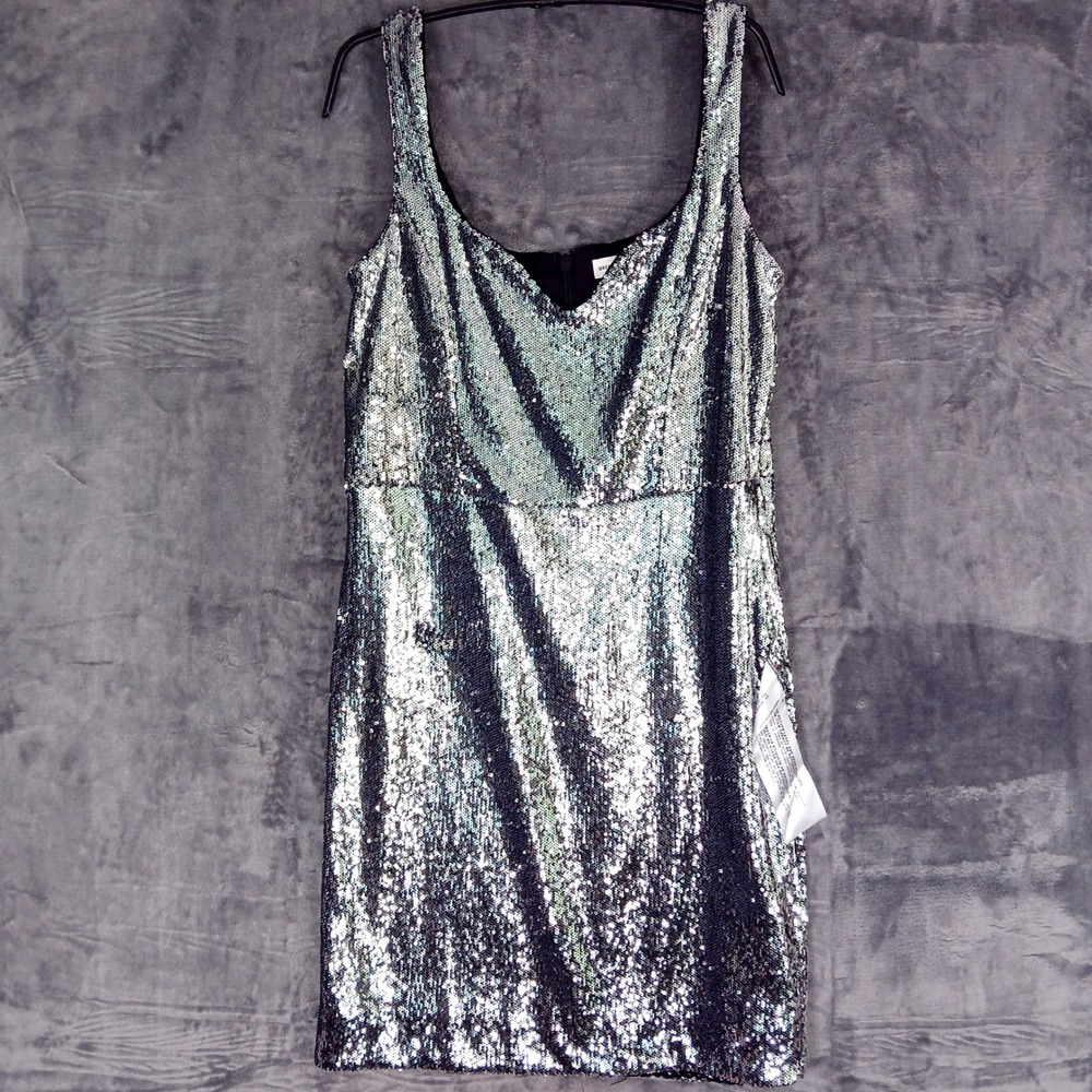 Dress The Population Skylar Dress Womens XXL Silver Sequin V-Neck Mini Disco NWT